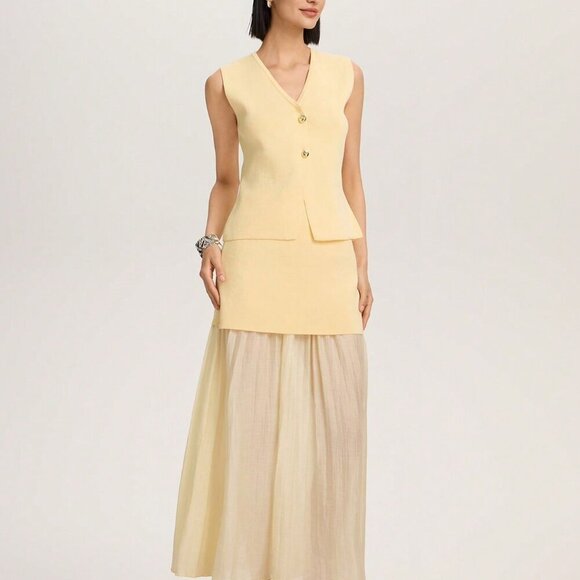 Yellow Elegant Womens V-Neck Sleeveless Top And Contrast Maxi Skirt Set - Picture 6 of 6